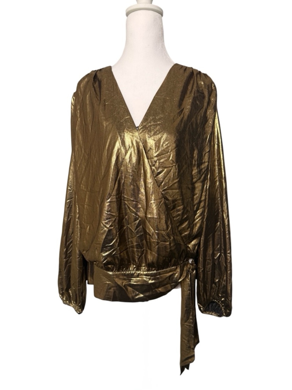 INC International Concepts Gold Metallic Tie Waist Blouse Large NWT - Picture 3 of 7